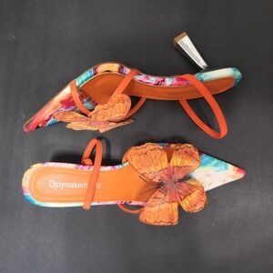 New Women's Only Maker Orange Strappy High-Heeled Sandals with Butterfly, Size 9